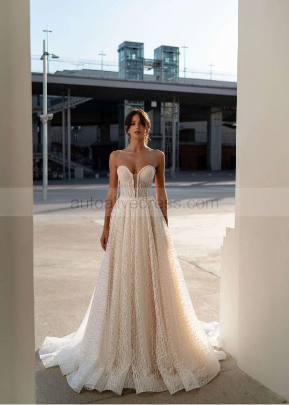 Strapless Glitter Lace Tulle Modern Wedding Dress